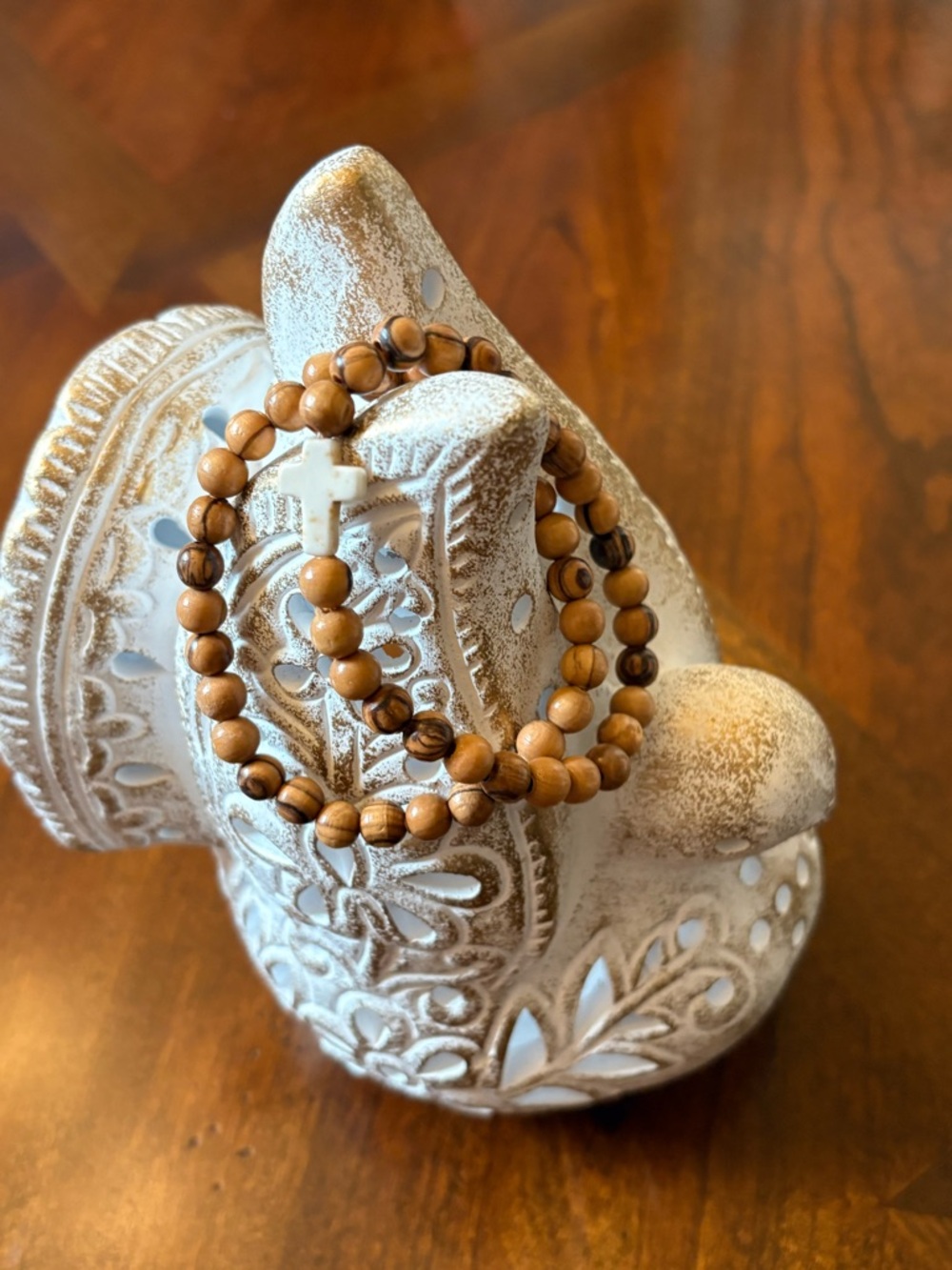 Wood Beaded Bracelet with Jade Cross Charm - Natural Brown